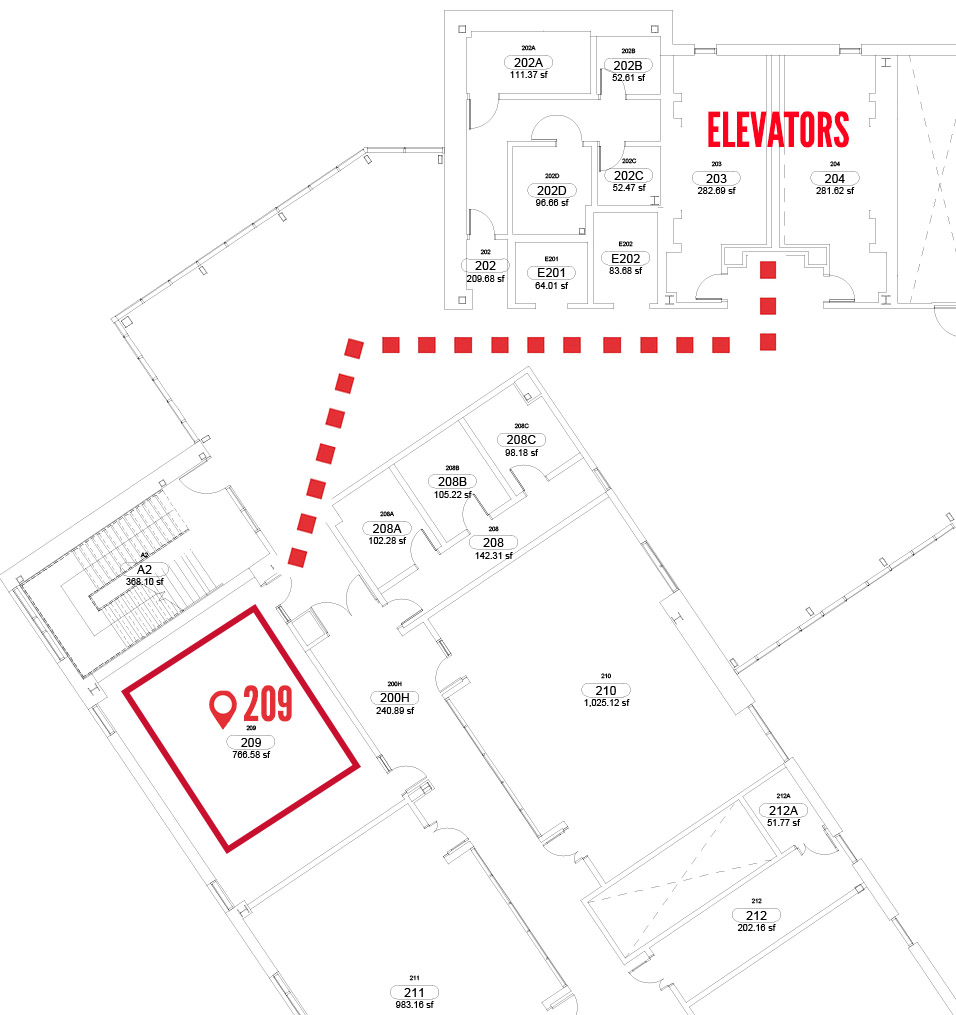 Image showing directions to CASA at Katy. Take the elevator or stairs to the 2rd floor and follow directional signs to room 209
