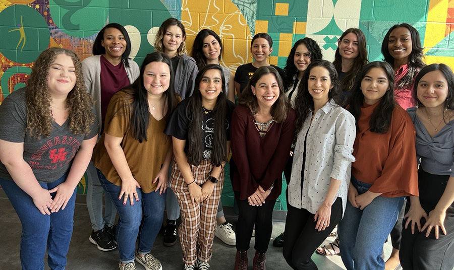 Spring 2023, Speech, Language, Aphasia, and the Brain Lab Members; Top Row, Left to right: Brittany Williams, Angela Dion, Parvin Ebadi, Maisey Gonzalez, Christina Pringle, Kathleen Bradbury, Brandi BeCoats; Bottom Row, Left to right: Brianna Wilson, Emory Twitty, Noorim Siraj, Heather Dial, Christina Quinn, Aunza Shenwari, Krupa Tailor