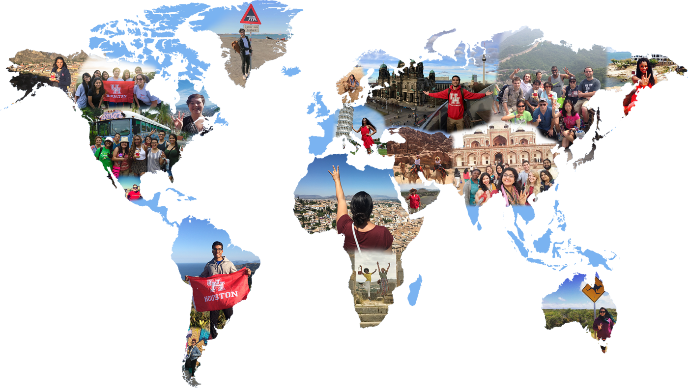 world map with photos of students embedded in the continents