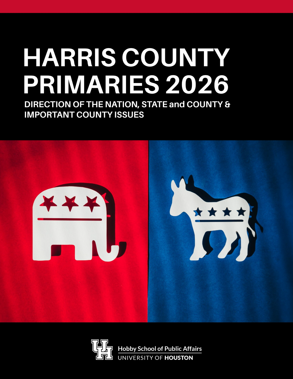 Second report cover with the republican and democratic logos in the middle of the page with red and blue background with the report title