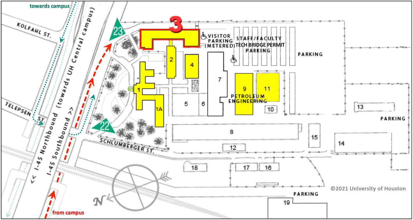 UH Tech Bridge entrance with paths to and from UH campus