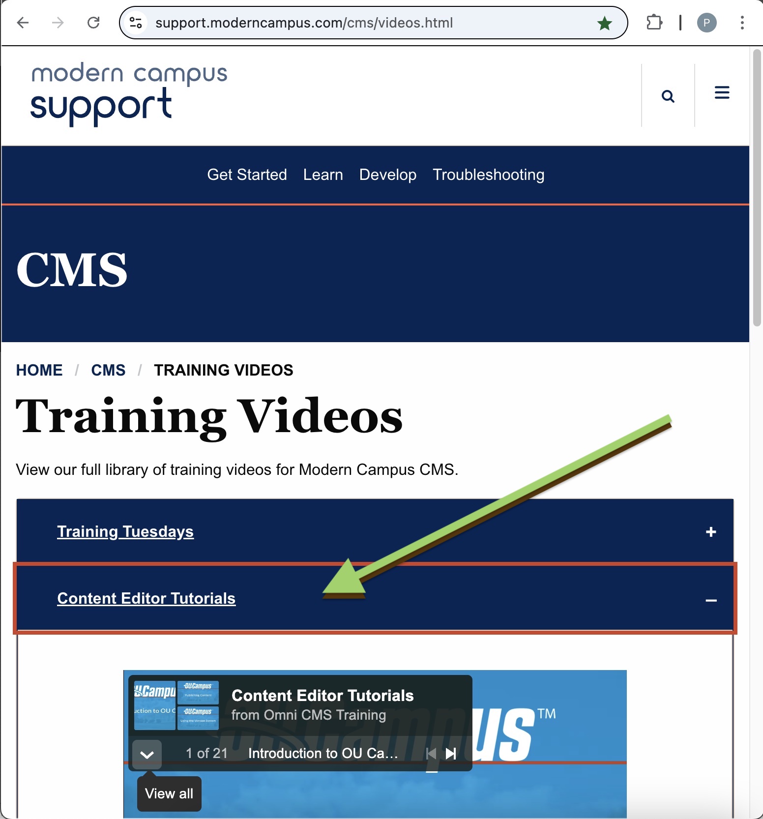 Modern Campus Webpage with arrow pointing to the location of the Content Editor Tutorials