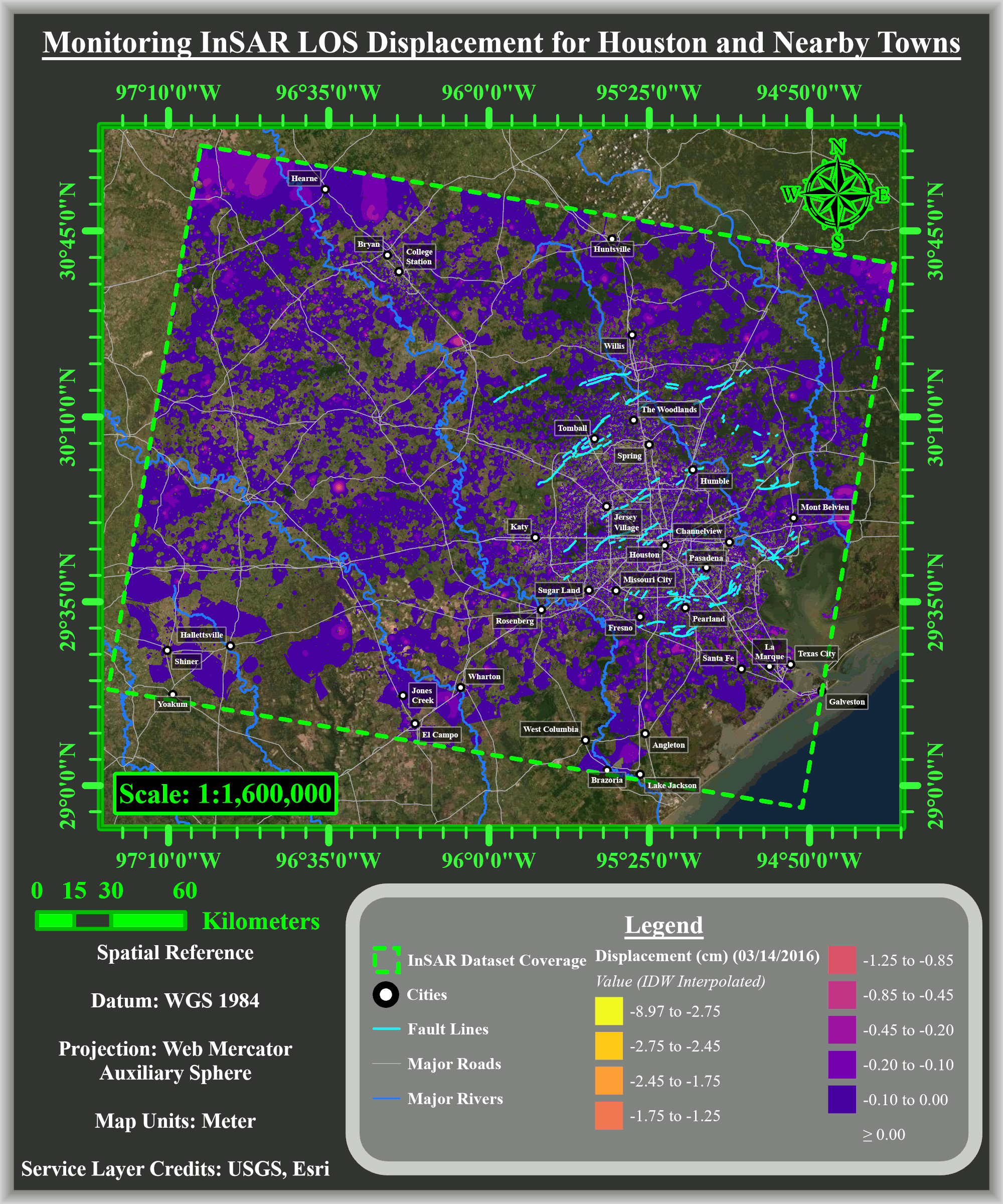 Image showing total ground displacement from March 2016 to December 2020 or Houston and surrounding areas. Image showing total ground displacement from March 2016 to December 2020 or Houston and surrounding areas.