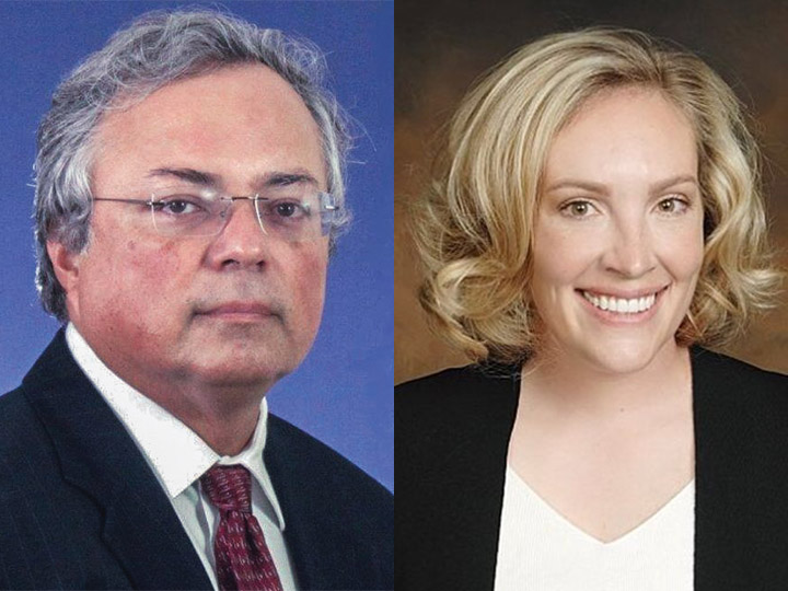 Left: Portrait of Mauricio Calva with gray hair and glasses against a blue background. Right: Portrait of Diana K. Grauer with blonde wavy hair against a warm background.