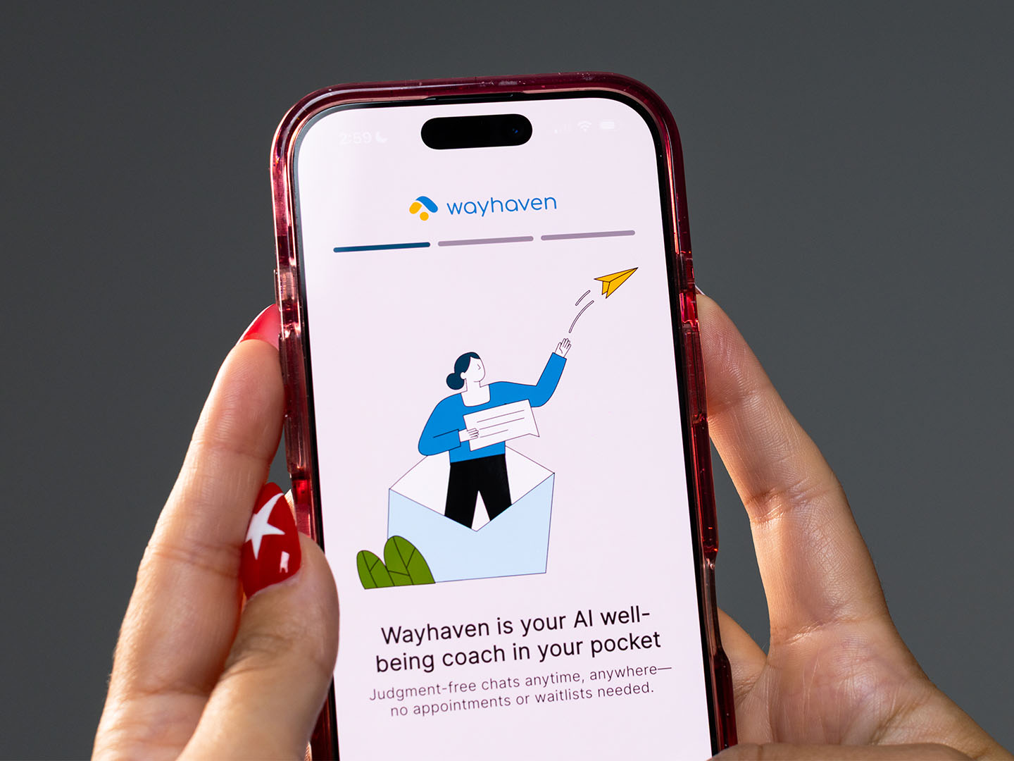 close up of hand holding iphone with wayhaven app 