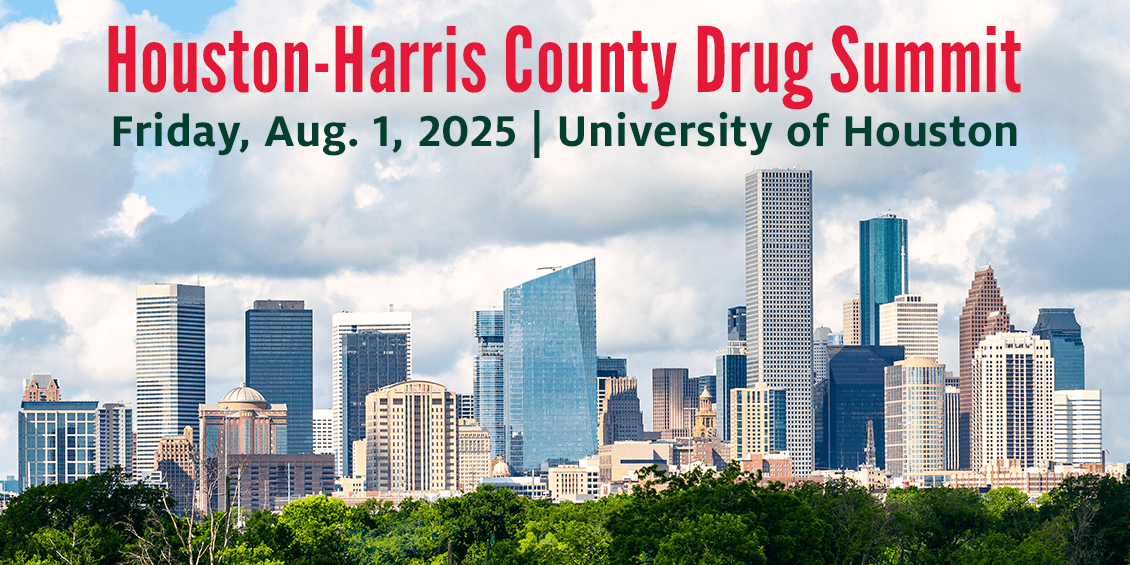 Houston skyline and text 'Houston-Harris County Drug Summit, Friday, Aug. 1, 2025, University of Houston'